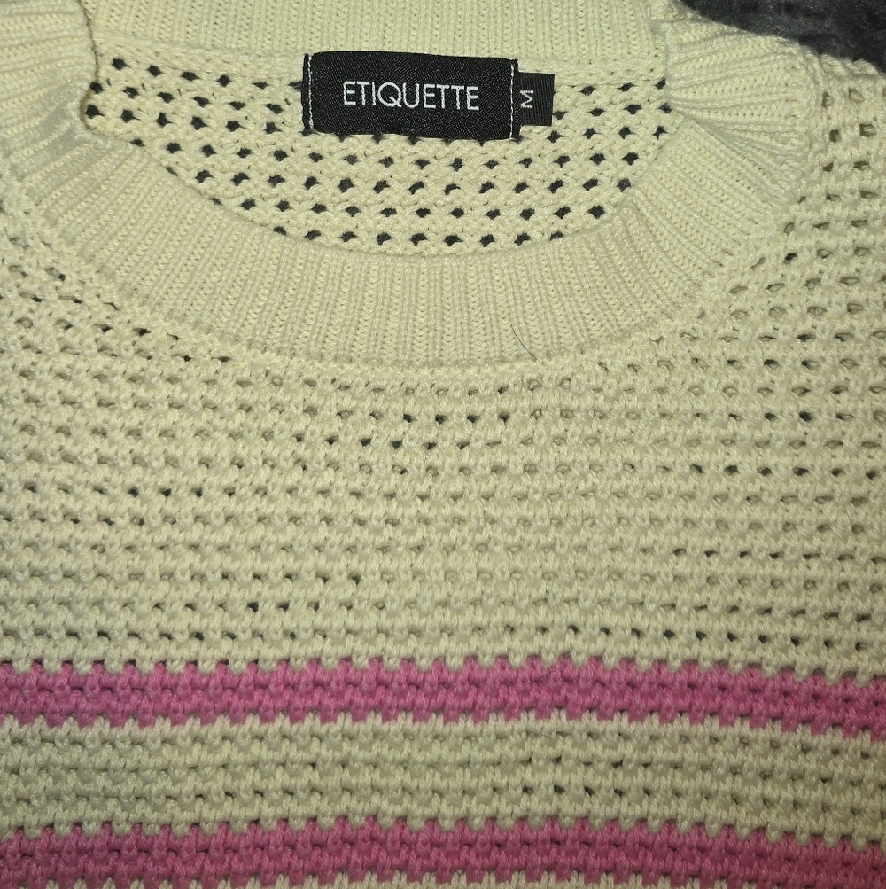 Striped Knit Short Sleeve Sweater With Ruffle Cap Sleeve Coquette Girly Preppy - Picture 3 of 4